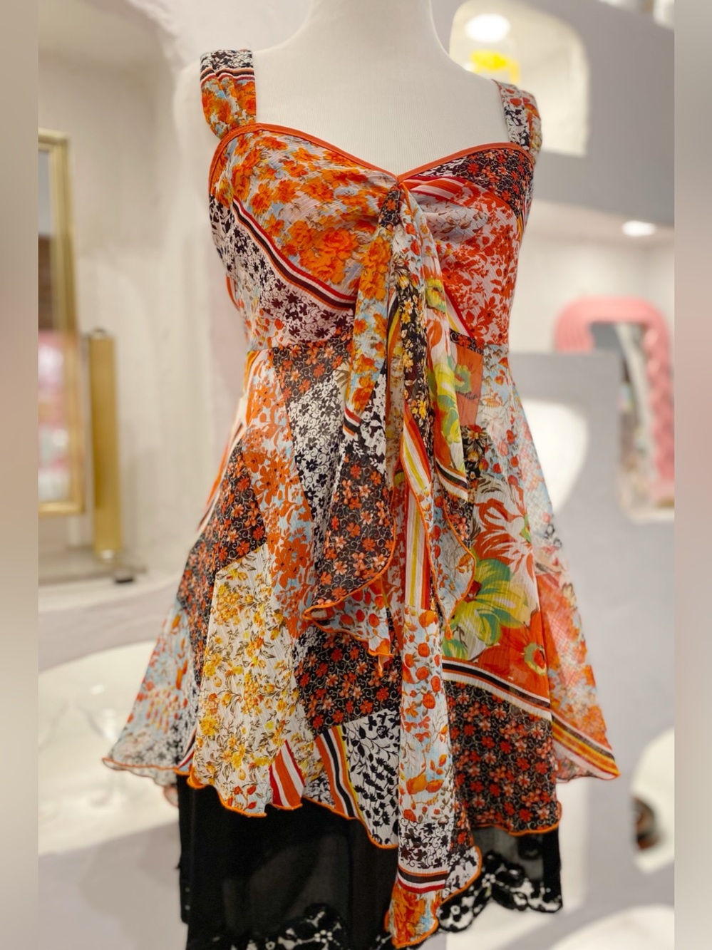 Y2K Vintage Flowy Multicolour Mesh Patchwork Pattern Tank Top Handkerchief Hem